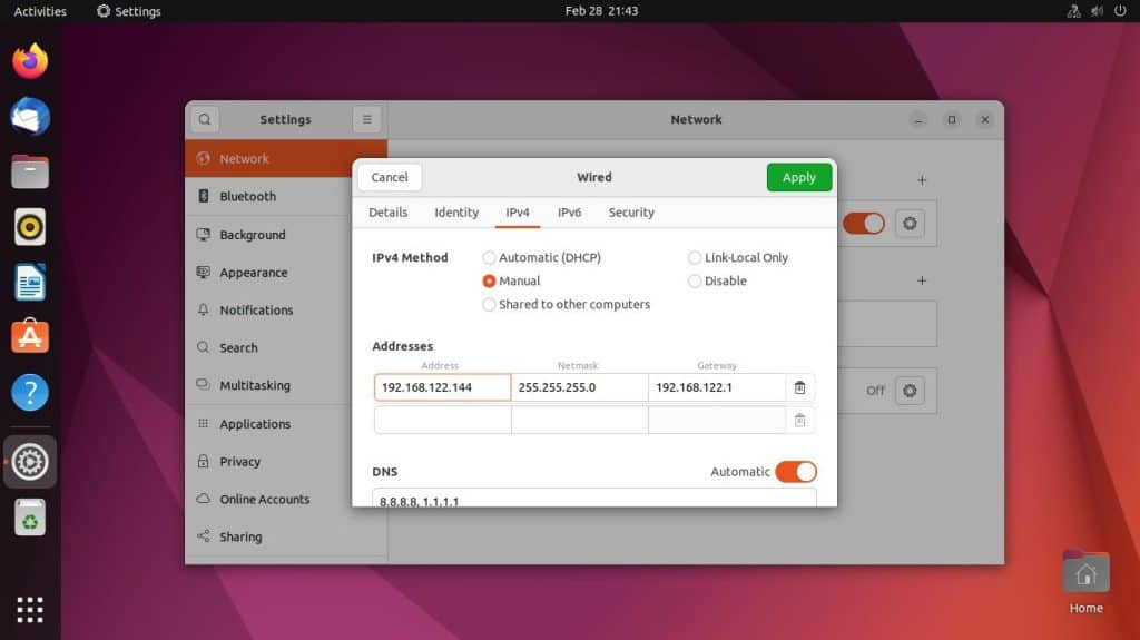 how to change ip address to domain name in ubuntu