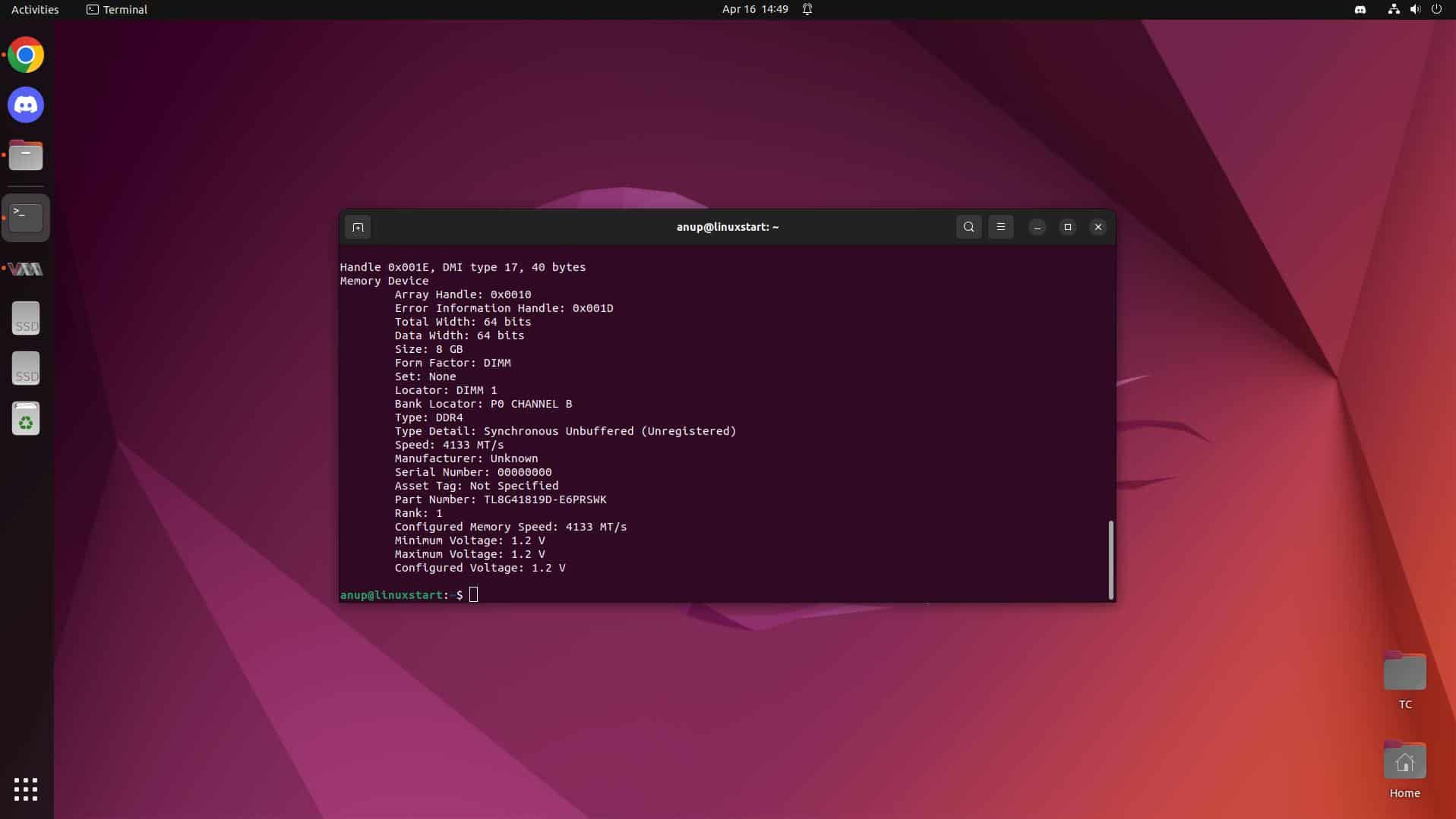 how to check ddr of ram in ubuntu